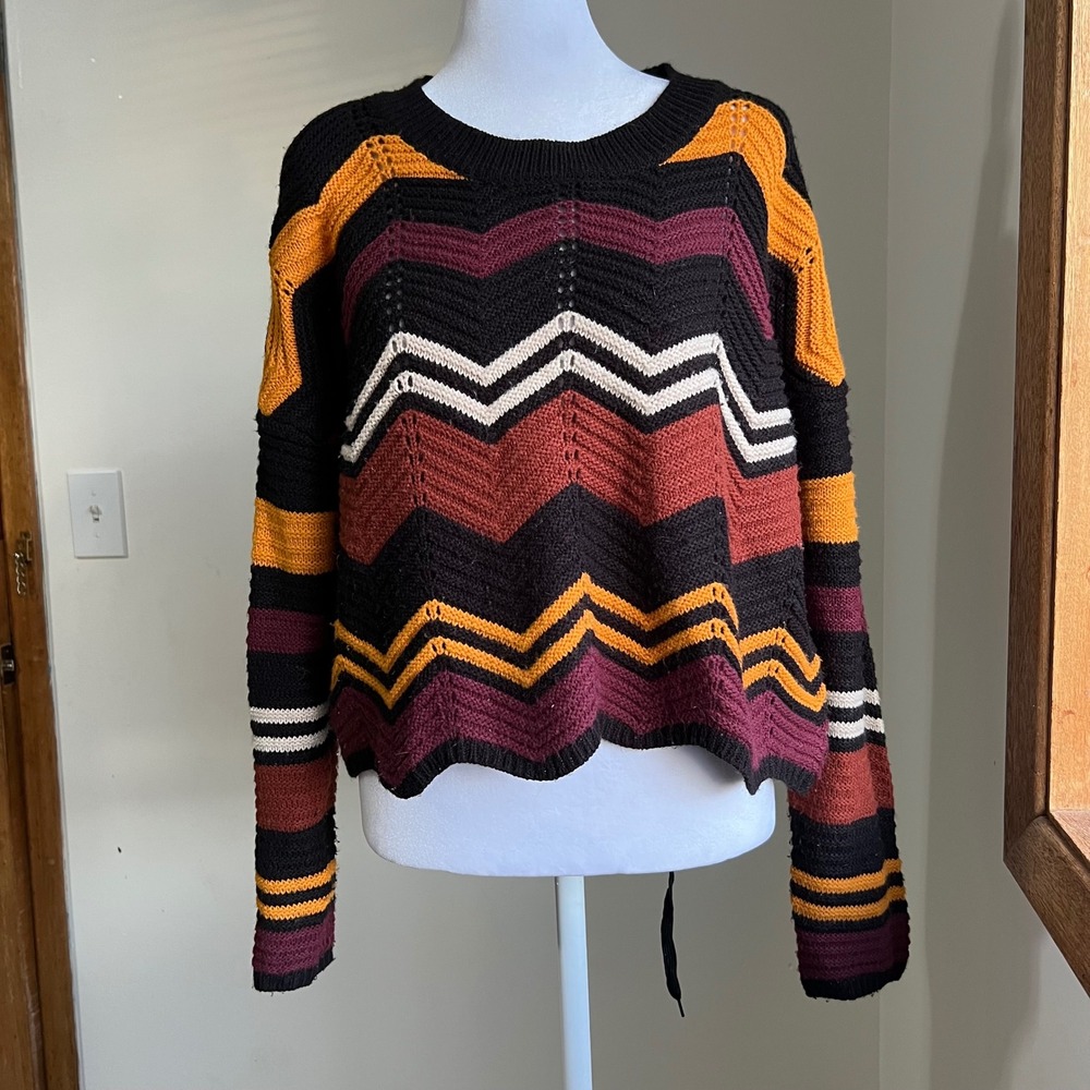 Full Circle Trends Chevron‎ Knit Sweater XL Black Mustard Burgundy Zig Zag
